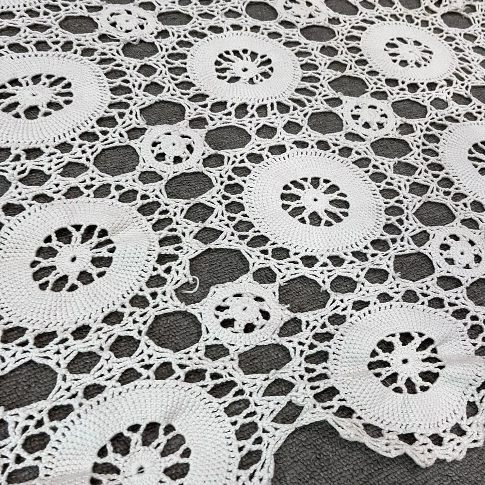 Vintage Hand Crocheted Grandma's Tablecloth, Cotton Handmade White 73x83